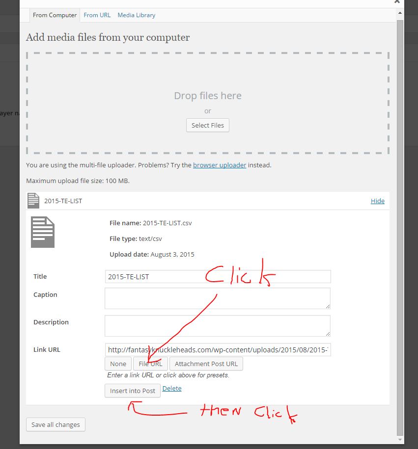 After you upload the CSV from your computer you must click "file URL" in order to pull in that URL. See image below. Then you can click "insert into post".