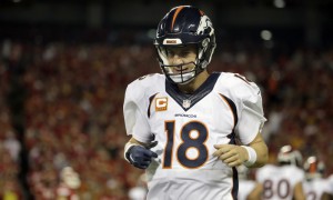 Denver Broncos quarterback Peyton Manning (18) runs off the field during the first half of an NFL football game against the Kansas City Chiefs in Kansas City, Mo., Thursday, Sept. 17, 2015. (AP Photo/Charlie Riedel) ORG XMIT: MONH1