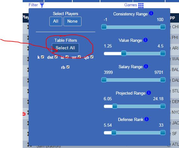 Now that you've ran through all the positions it's time to select all players. All players must be selected before calculating the optimal lineup.